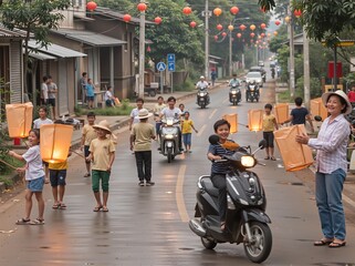 Asian children and adults holding illuminated paper lanterns on street