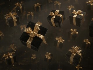Black gift boxes with golden ribbons floating in dark atmospheric smoke
