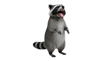 Raccoon standing and yawning on a white background