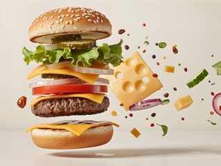 Burger with floating layers and flying ingredients on light background