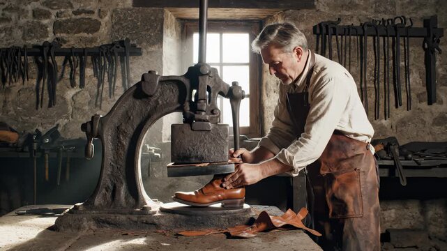 Artisan Craftsman Shaping Leather Boot Using Vintage Press Machine