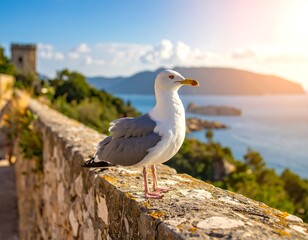 A seagull perched atop a weathered stone wall, overlooking a sunlit coastal vista with a distant tower and island