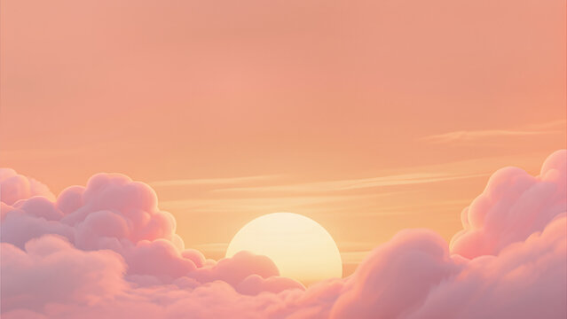 golden hour orange sunset sky framing bright sun soft puffy clouds serene ethereal atmosphere peaceful celestial background image