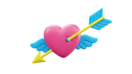3D Pink Heart with Cupid's Arrow and Blue Wings