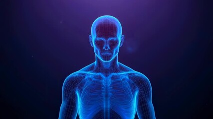 Virtual clinic scene showing glowing mesh human upper body with data hub, Educational setting illustrating bright blue wireframe human figure with detailed anatomy and data overlay - Powered by Adobe