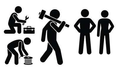 Construction crew and supervisor silhouette set &ndash; wrench, cable reel, sledgehammer and team discussion