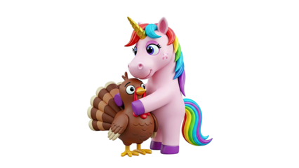 Pink Unicorn Hugging a Cartoon Turkey