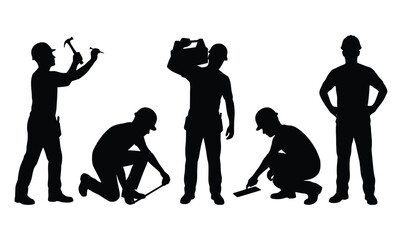 Construction workers and foreman silhouette set &ndash; hammering, measuring, carrying toolbox and trowel work