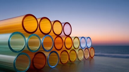 Colorful glass tubes stacked on a beach at sunset reflecting the twilight sky