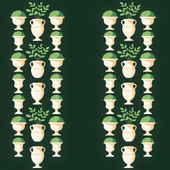Classical vases and greenery on a dark green background