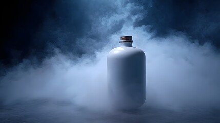 A mysterious white bottle emits thick white vapor in a dark atmospheric setting