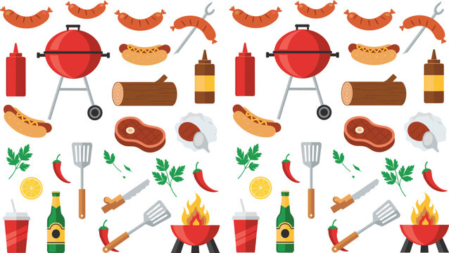 Barbecue and grilling seamless pattern with grill, sausages, meat, fire, tools, sauces, and picnic food icons