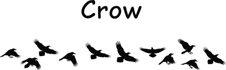 Obraz premium Silhouette illustration set of flying crows showing various wing positions, perfect for wildlife, spooky themes, and nature designs
