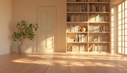 Bright and minimalist room with filled wooden bookshelves and large windows, sunlight casting shadows on light hardwood floor