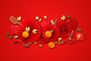 Obraz premium Bright red decorations celebrate Chinese New Year with oranges