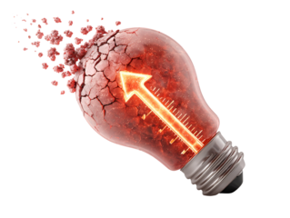 Cracked light bulb with arrow isolated on transparent background