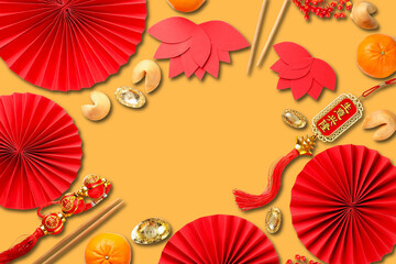 Obraz premium Traditional Chinese New Year elements on a bright backdrop