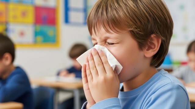 Young caucasian boy sneezing in classroom setting with tissue during lesson on health and hygiene awareness - Powered by Adobe