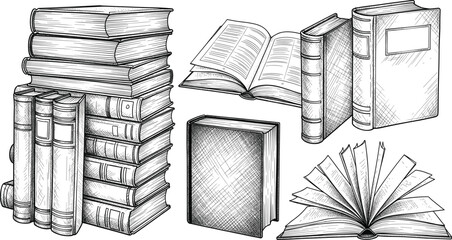 Vintage hand-drawn book collection featuring stacked books, open books, and sketch engraved literature illustrations in detailed etching style © Mostafijur