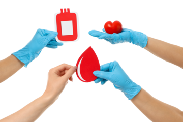 Blue-gloved hands holding blood donation symbols, isolated, PNG