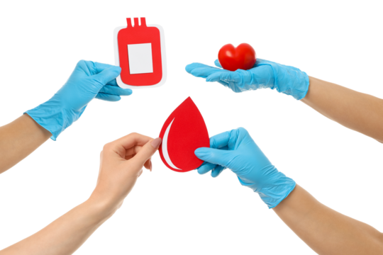 Blue-gloved hands holding blood donation symbols, isolated, PNG - Powered by Adobe