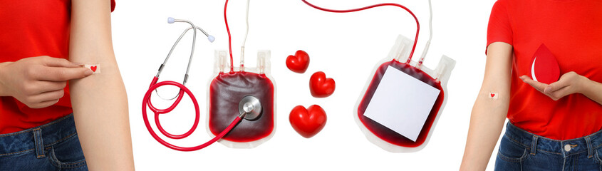 Red heart blood bag and stethoscope on white, isolated, PNG