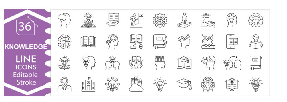 Knowledge icons set, education, learning, information, wisdom, study, research, book, idea, brain, academic growth, intellectual concept, professional design editable stroke vector Illustration