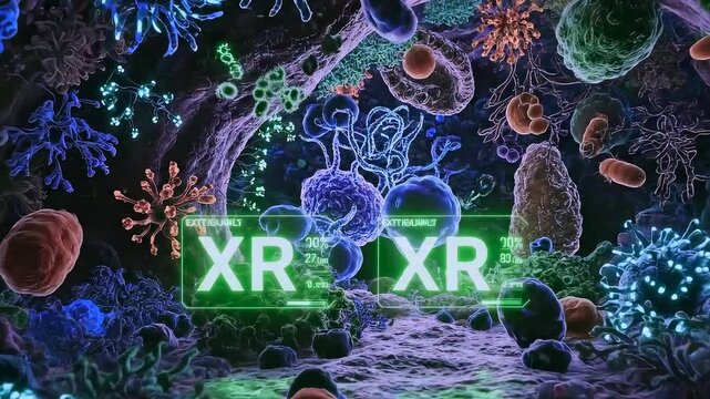Augmented microbiome landscape with xr overlays, closeup of cells, viruses and bacteria amid neon green HUD panels, microbiologist scanning pathogen activity and analytics for infection