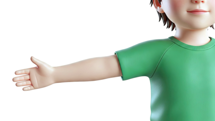 3D Cartoon Boy's Arm and Hand Reaching Out in Green T-Shirt