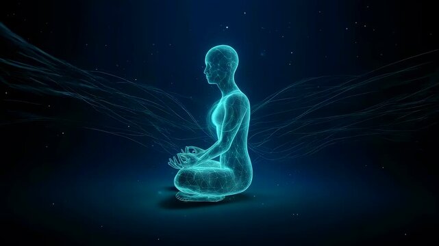 Glowing holographic figure meditating in digital space, translucent blue outline with energy currents and particle trails, chakra highlights and serene crosslegged pose, ambient dark