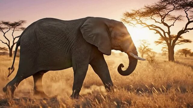 A huge African elephant with large tusks and a trunk grazes on safari grass in a Kenya wildlife park