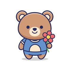 Obraz premium Cute Cartoon Bear Holding Flower Illustration