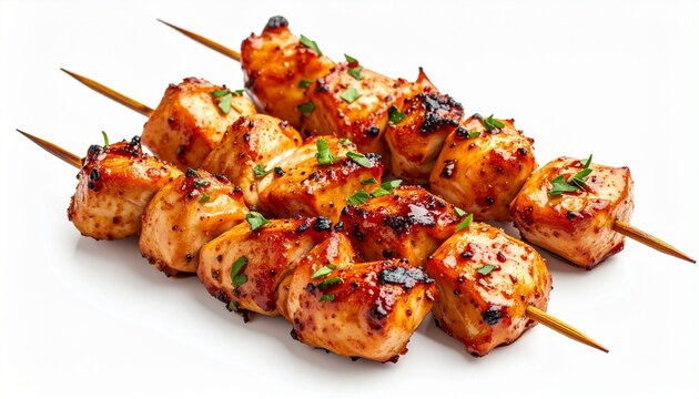 Grilled meat and vegetable skewers with herbs on wooden sticks