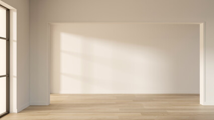 Empty white wall room and square doorway over wooden parquet floor with sunlight from glass window.