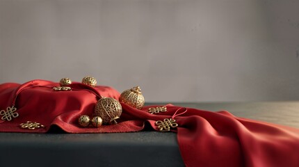 Golden Chinese Knots and Ornaments on Rich Red Silk - Chinese New Year Celebration