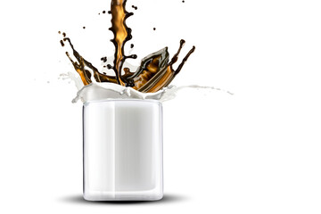 Coffee Pour Splash on Coffee Cup With Milk and Coffee Splash and Coffee Beans. Capture using High Speed Photography	