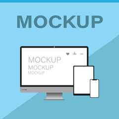 Modern computer monitors with blank white screens for displaying digital content and mockups