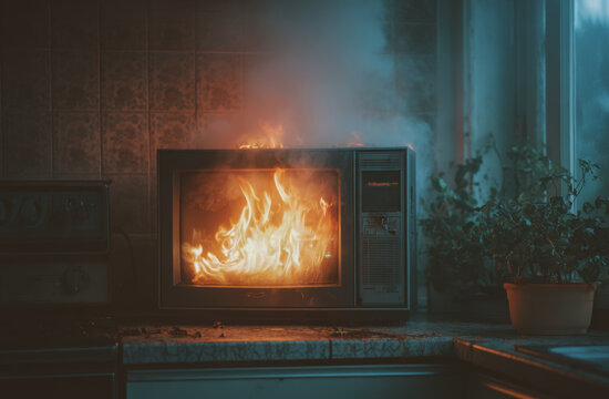 Burning television on the kitchen counter with flames and smoke, causing a fire hazard in an indoor setting