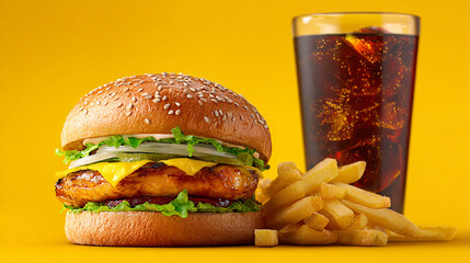 Classic Grilled Chicken Burger with Melted Cheese and French Fries against a Yellow Background.