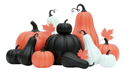 Assortment of Black, White, and Orange Pumpkins with Maple Leaves