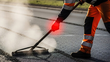 Obraz premium Road construction worker in reflective gear spreading hot asphalt, steam rising from the fresh pavement