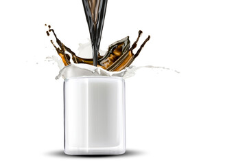 Coffee Pour Splash on Coffee Cup With Milk and Coffee Splash and Coffee Beans. Capture using High Speed Photography	