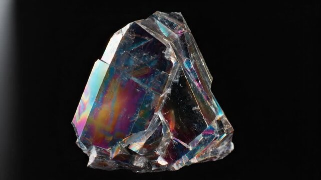 Iridescent Bismuth crystal rotating on black background, macro shot of rainbow metal mineral with geometric hopper structure