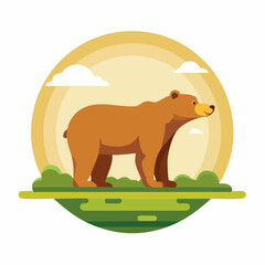 Cartoon bear illustration in circular frame with green grass and clouds