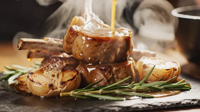 Steaming skillet stacks succulent beef with roasted garlic, onions, and rosemary sprigs, rich smoky