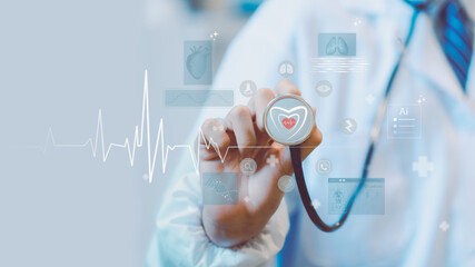 Doctor holding stethoscope with digital heart interface and medical icons, representing healthcare technology, cardiology monitoring, AI diagnostics, and modern patient care innovation.
