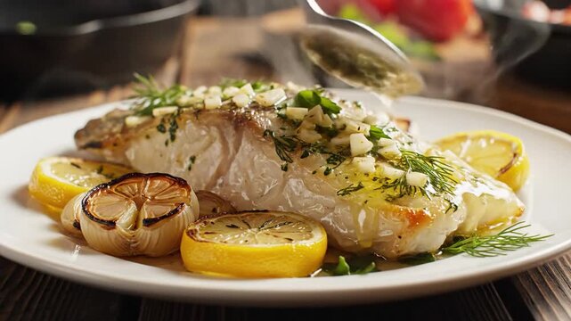 Seared white fish fillet with lemon slices, garlic, and fresh herbs on a rustic plate. With zest now