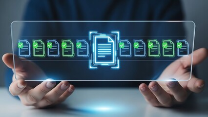 Person presenting digital documents on a futuristic transparent screen with green checkmarks