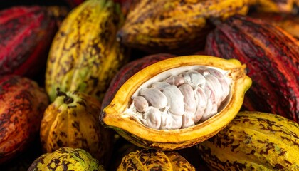 Fresh Cocoa Pod Cut Open Revealing Raw Cacao Beans Surrounded by Ripe and Colorful Harvested Tropical Fruits