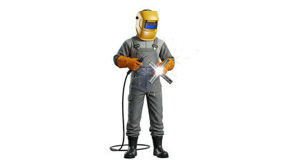 Welder in protective gear performing arc welding on metal